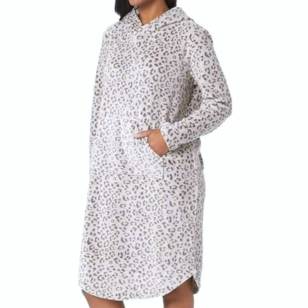 32 DEGREES HEAT Women's L/XL Gray Leopard Hooded Cozy Plush Sleep Lounger Pocket